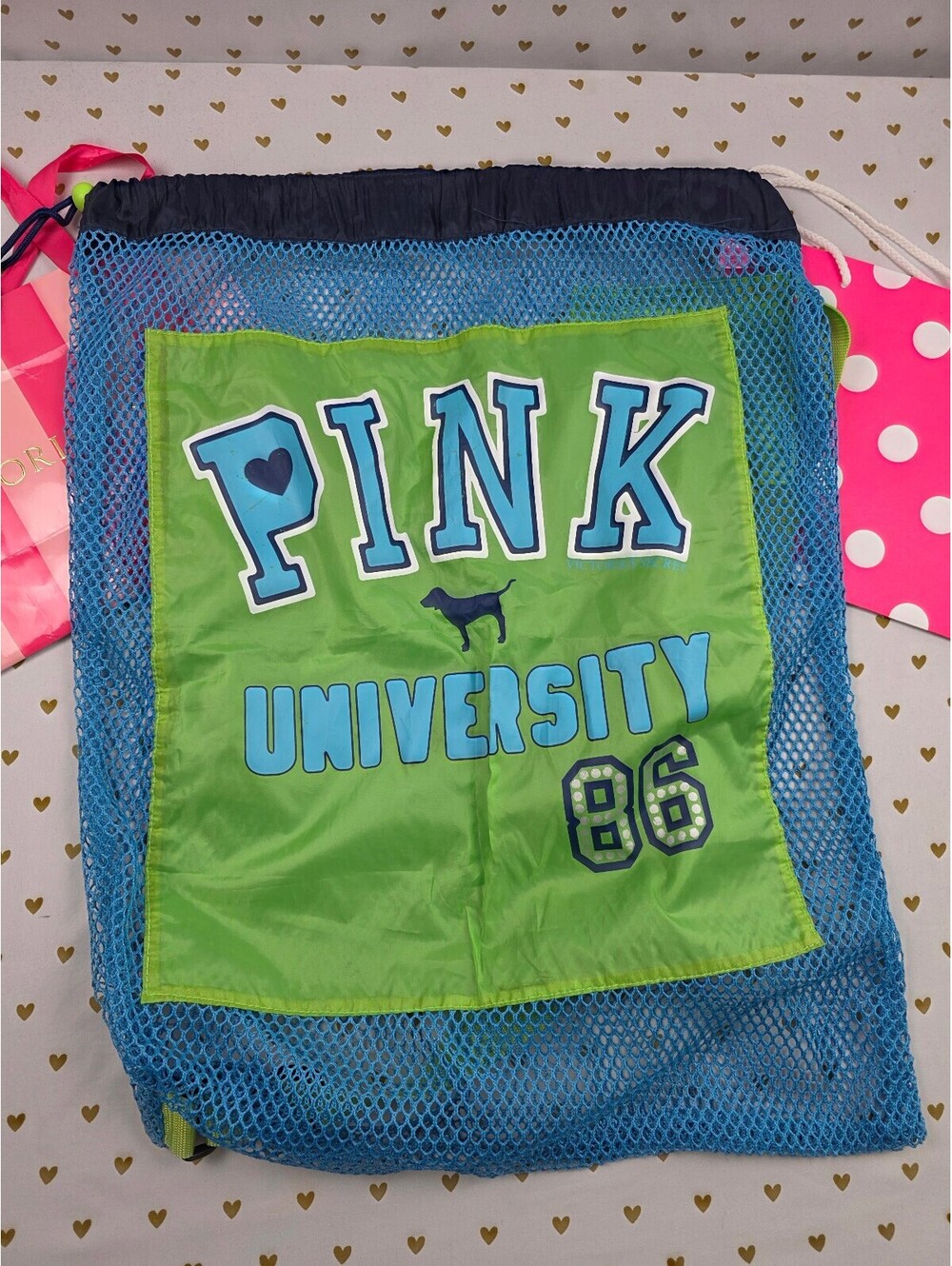 2007 VS PINK University 86 Mesh Laundry Bag Blue Green Dog BLING Vintage